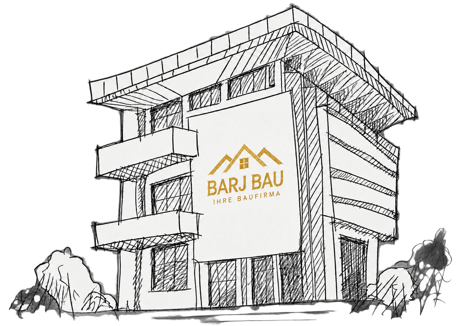Architekturskizze mit dezentem BARJ BAU-Logo an der Fassade